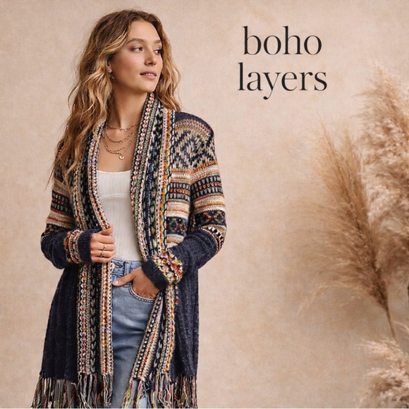 ADORA Sweaters - Boho Fringe Cardigan Southwestern Fair Isle Knit Sweater Adora S/M